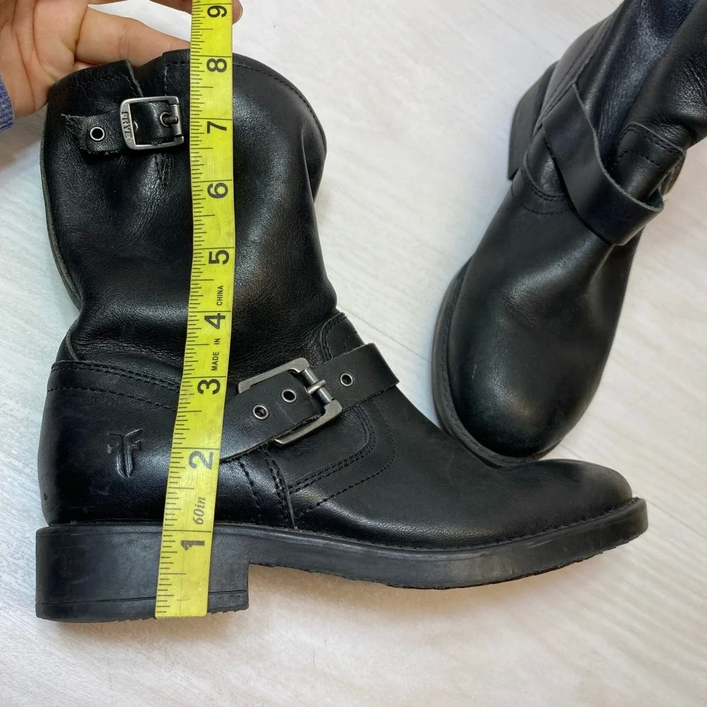 Frye Boys Size 3.5 Engineer Boots Moto Buckle Black Leather Mid Calf 3487501-BLK